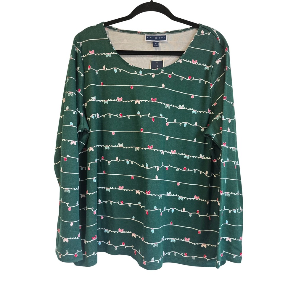 🆕️ NWT - Karen Scott Mens Green Christmas Lights Long Sleeve Graphic Top 2X